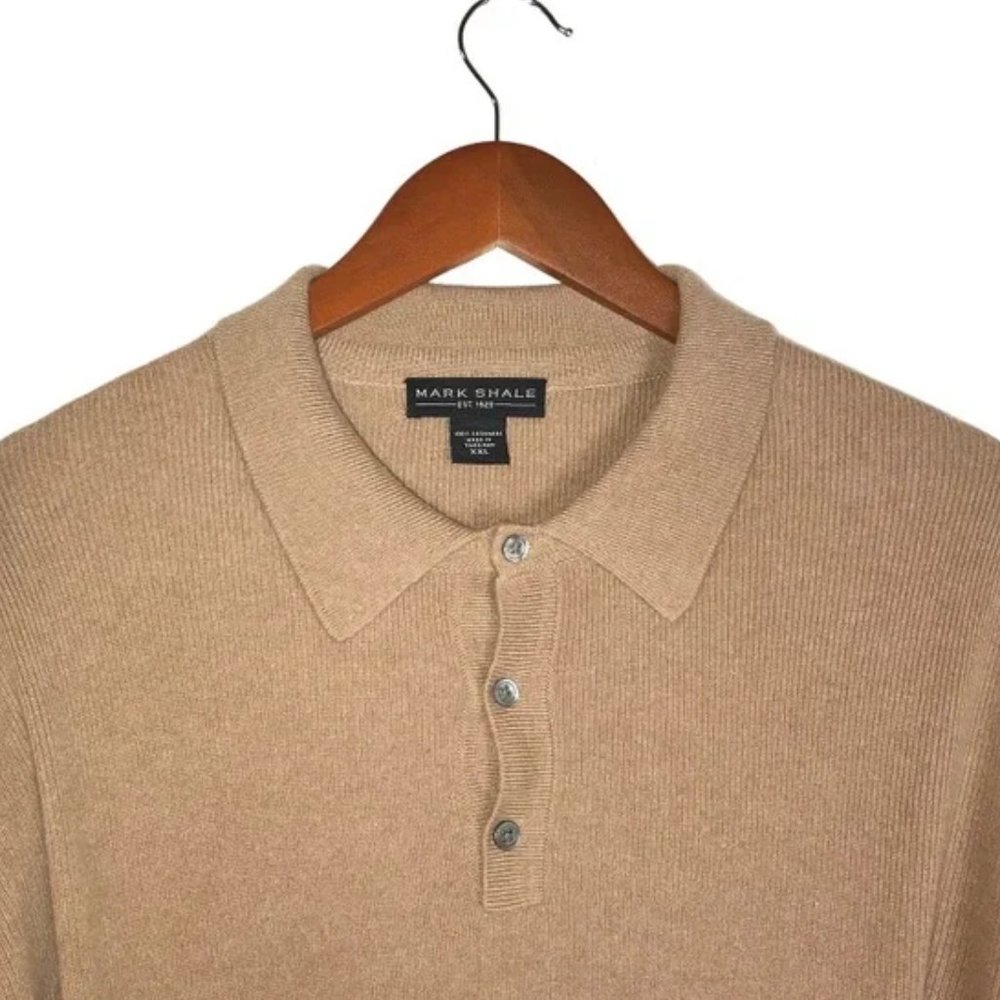 Mark Shale Men's Camel Ribbed Knit Cashmere Pullover Polo Sweater
